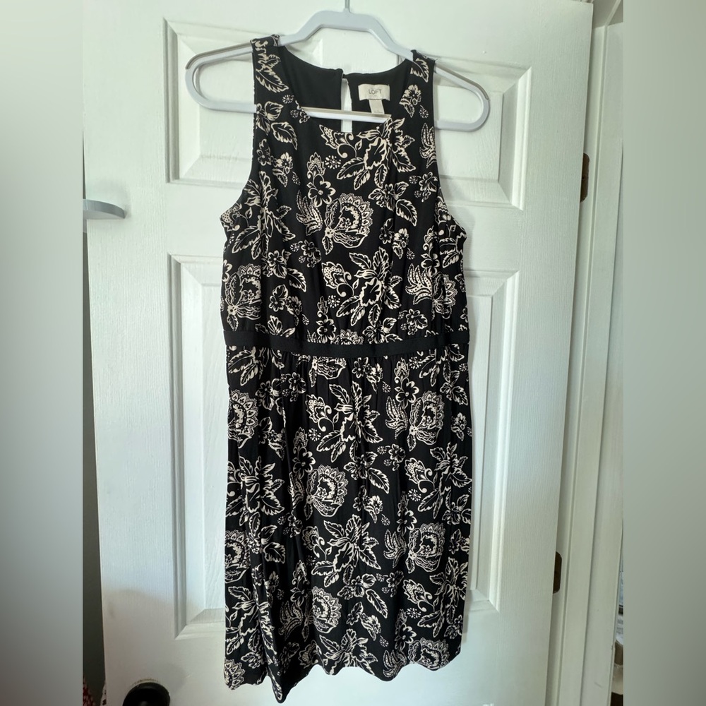 LOFT Black & Cream Floral Sleeveless Midi Dress